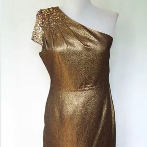 Ellie Tahari One shoulder antique gold dress